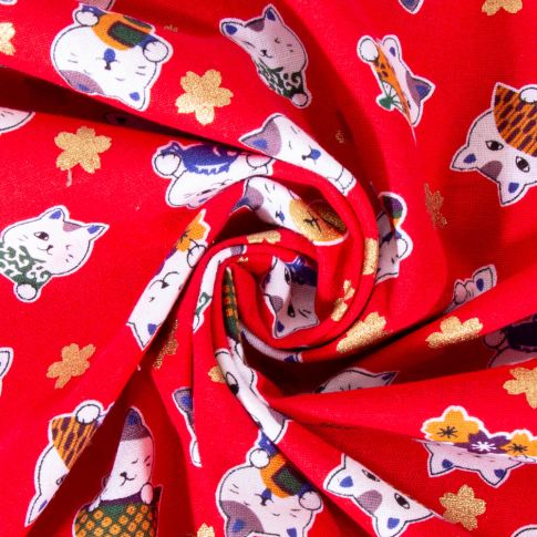 Tissu Coton imprimé Arty Chats et fleurs dorées sur fond Rouge