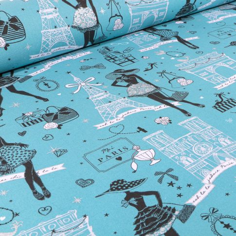 Tissu Coton imprimé Arty Moi Paris sur fond Bleu canard