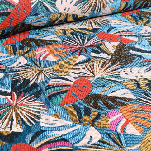 Tissu Jacquard Monstera sur fond Bleu turquoise