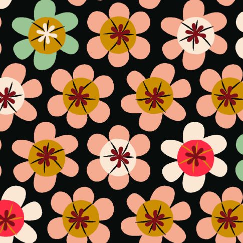 Tissu Enduit Nami fleuris sur fond Noir