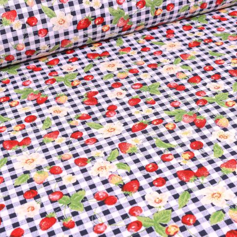 Tissu Coton imprimé Fruits et carreaux  sur fond Blanc