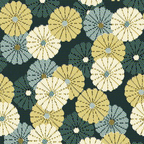 Tissu Jacquard Petites fleurs Léonie jaune sur fond Vert émeraude