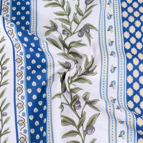 Tissu Coton imprimé glacé Provençal sur fond Bleu