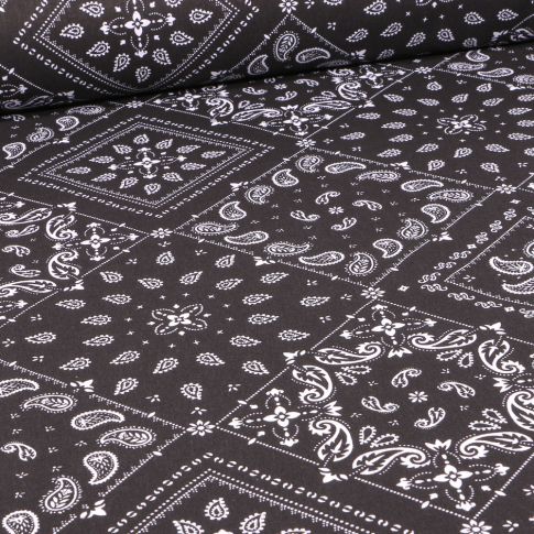 Tissu Coton imprimé Arty Paisley sur fond Noir