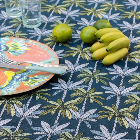 Tissu Jacquard Palmiers sur fond Bleu pétrole