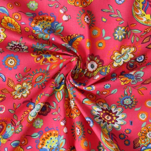 Tissu Popeline de Coton  Paréo fleurs multicolores sur fond Rose fuchsia
