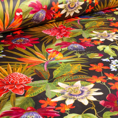 Tissu Velours d'ameublement tout doux Passiflore sur fond Noir
