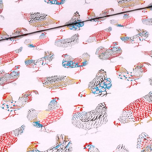 Tissu Jacquard Poulettes sur fond Blanc