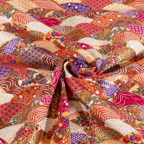 Tissu Coton imprimé Arty Paysage multico sur fond Rouge