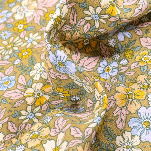 Tissu Coton imprimé Arty Pensée sur fond Vert kaki