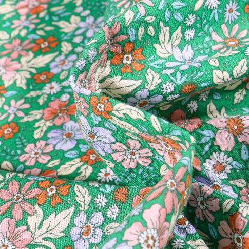 Tissu Coton imprimé Arty Pensée sur fond Vert