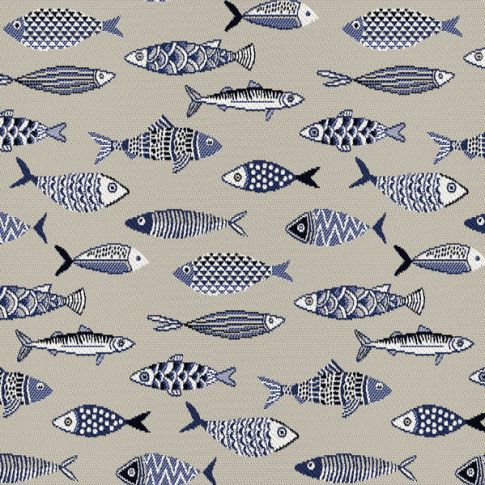 Tissu Jacquard Poissons bleus sur fond Beige