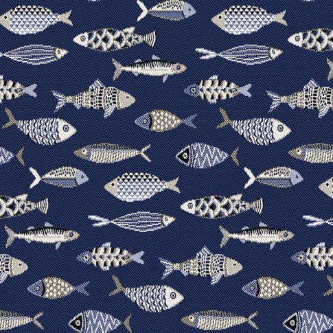 Tissu Jacquard Poissons sur fond Bleu marine