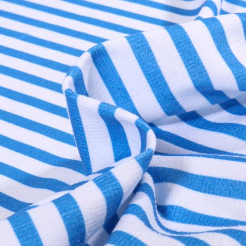 Tissu Eponge Bambou  Pilat rayé Bleu sur fond Blanc