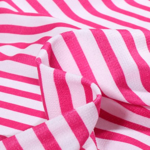 Tissu Eponge Bambou  Pilat rayé Fuchsia sur fond Blanc