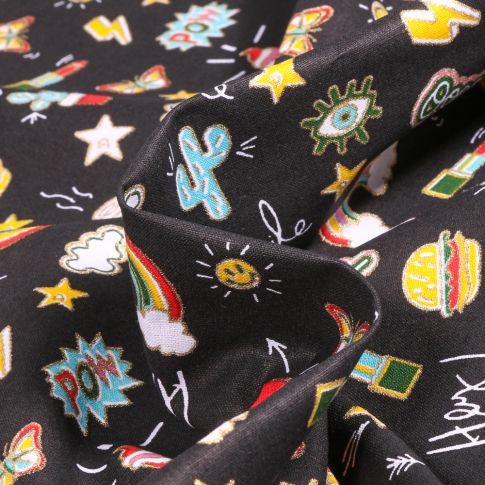 Tissu Coton imprimé Arty Pins sur fond Noir