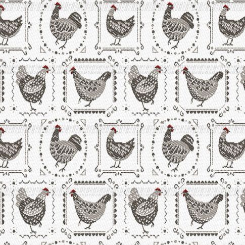 Tissu Jacquard Poules Lin sur fond Blanc