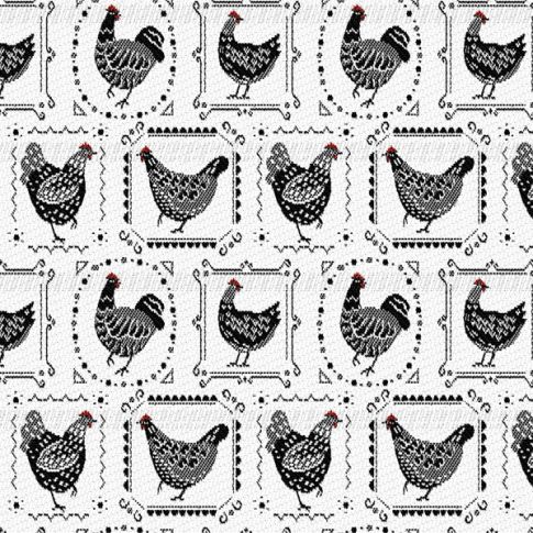 Tissu Jacquard Poules Noir sur fond Blanc