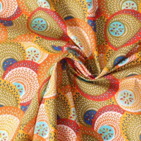 Tissu Popeline de Coton  Sahel rosaces stylisées sur fond Vert kaki clair