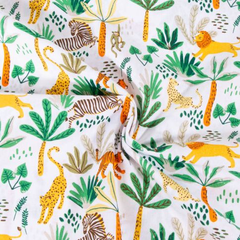 Tissu Coton imprimé Arty Animaux de la forêt Vert sur fond Blanc