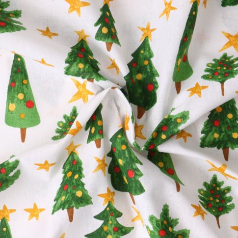Tissu Popeline de Coton  Solveig sapins Verts sur fond Blanc