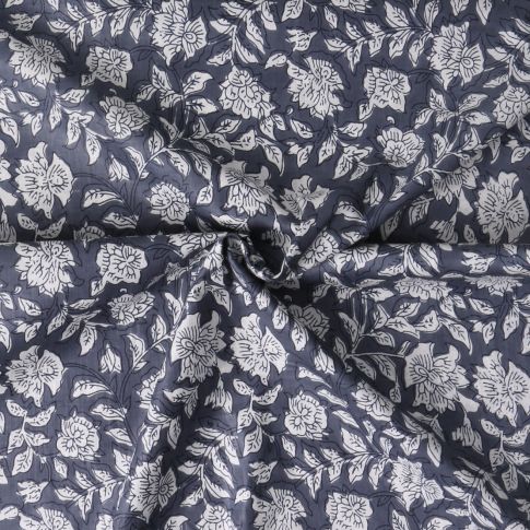 Tissu Voile de Coton Taj Mahal fleurs Blanches sur fond Bleu ardoise