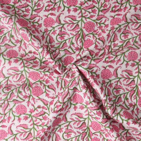 Tissu Voile de Coton Taj Mahal fleurs Roses sur fond Blanc