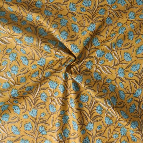 Tissu Voile de Coton Taj Mahal fleurs Bleues sur fond Jaune moutarde