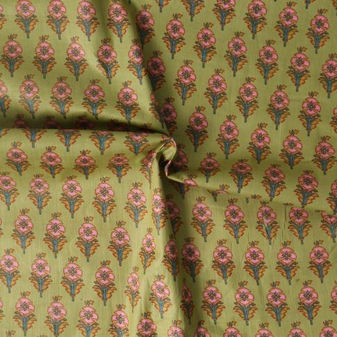 Tissu Voile de Coton Taj Mahal fleurs Roses sur fond Vert olive