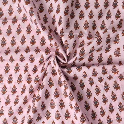Tissu Voile de Coton Taj Mahal fleurs Terracota sur fond Rose blush