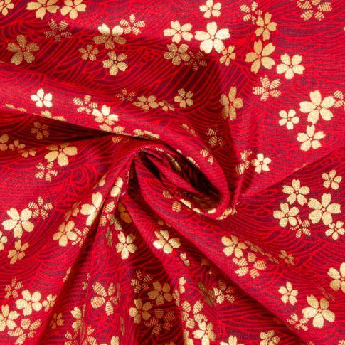 Tissu Coton imprimé Arty Fleurs dorées sur fond Rouge