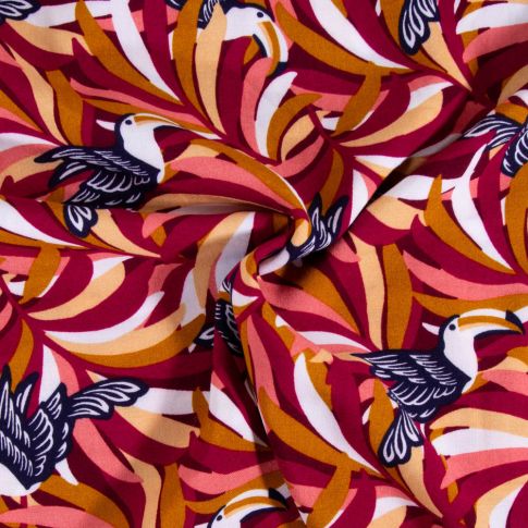 Tissu Viscose Toucan multico sur fond Prune