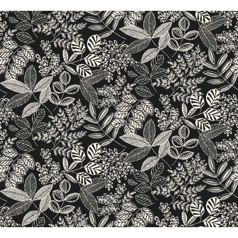 Tissu Jacquard Allover Feuillage écru sur fond Noir
