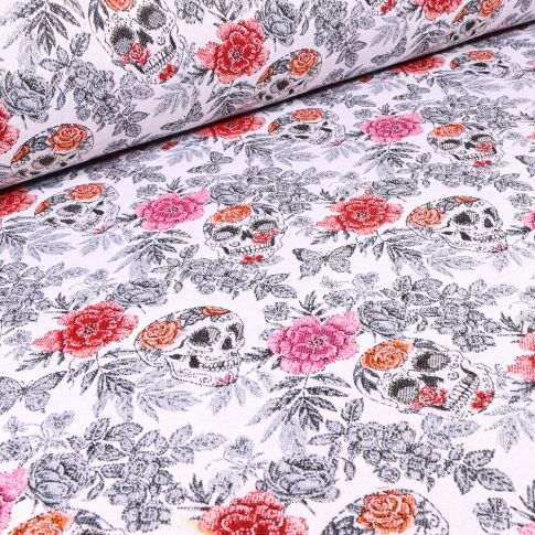 Tissu Jacquard Vanite sur fond Blanc