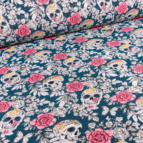 Tissu Jacquard Vanite Têtes de mort sur fond Bleu pétrole