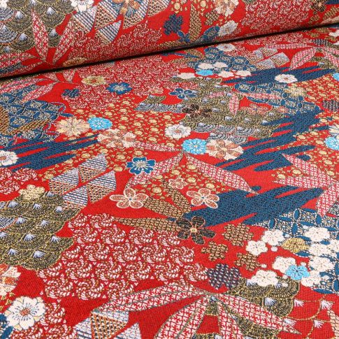 Tissu Jacquard Yang sur fond Rouge