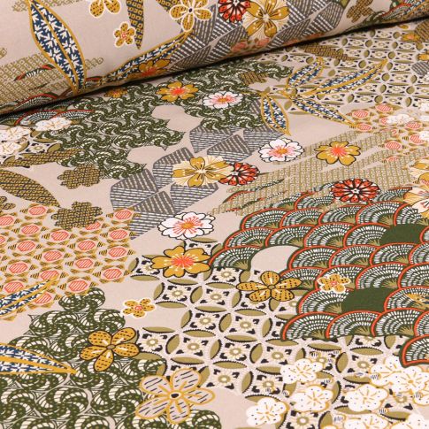 Tissu Viscose Arty Yin sur fond Vert kaki