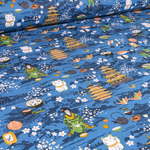 Tissu Coton imprimé Arty Yumi sur fond Bleu