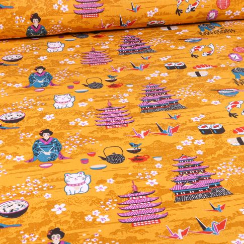 Tissu Coton imprimé Arty Yumi sur fond Jaune