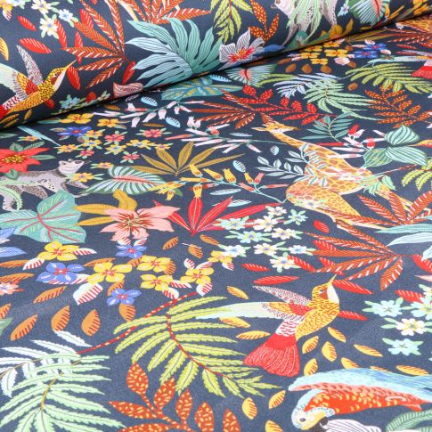 Tissu Coton imprimé Arty Zanzibar sur fond Bleu nuit