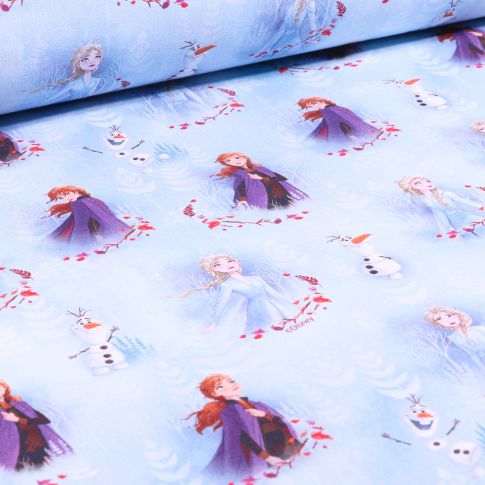 Tissu Disney Anna Elsa et Olaf sur fond Bleu ciel