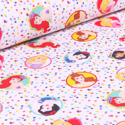 Tissu Disney Princesses et confettis sur fond Blanc