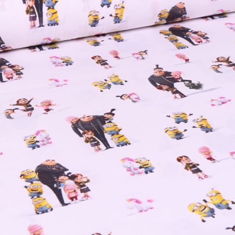 Tissu Minions Family sur fond Blanc