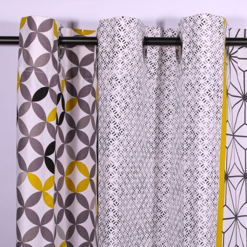 Rideau à oeillets Craftine 140 x 240 cm Coton Imprimé Montclus Gris/Jaune