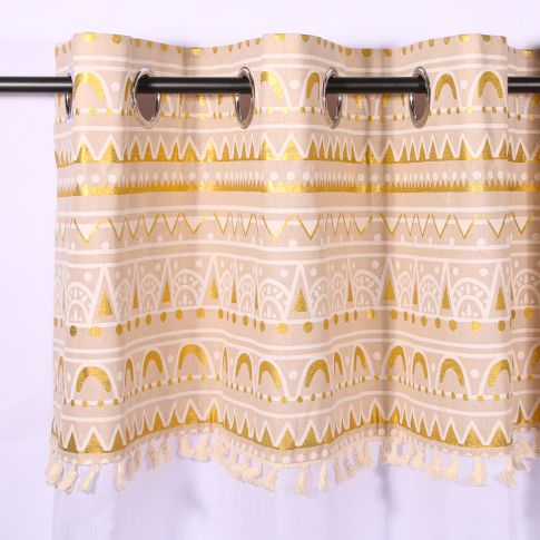 Rideau Voilage à oeillets Craftine 140 x 240 cm Sable+Top Imprimé+Pompon Gourdon