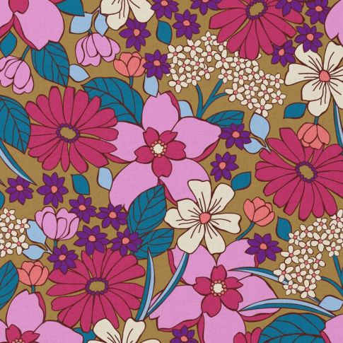 Tissu Coton imprimé Arty William Rose sur fond Camel