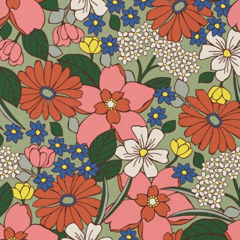 Tissu Coton imprimé Arty William Rose sur fond Vert