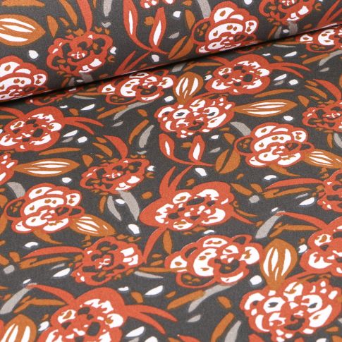 Tissu Coton imprimé Arty Zoelie brique sur fond Gris anthracite