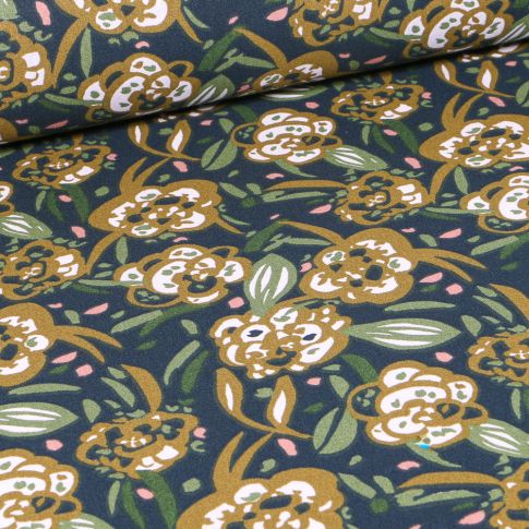 Tissu Coton imprimé Arty Zoelie olive sur fond Bleu marine