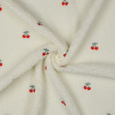 Tissu Fausse fourrure Mouton Lison cerises Rouges sur fond Ecru - Par 10 cm